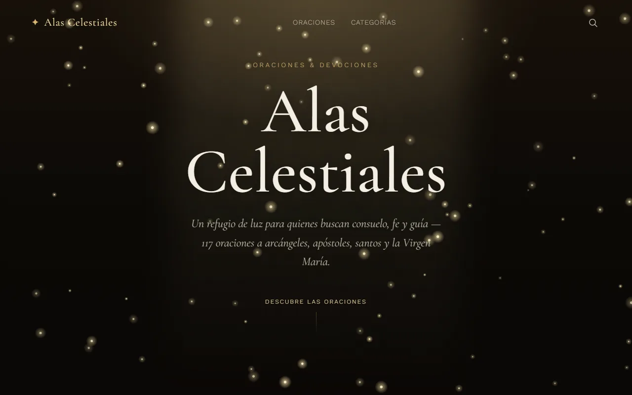 Portada de Alas Celestiales: título en serif sobre fondo oscuro con partículas doradas