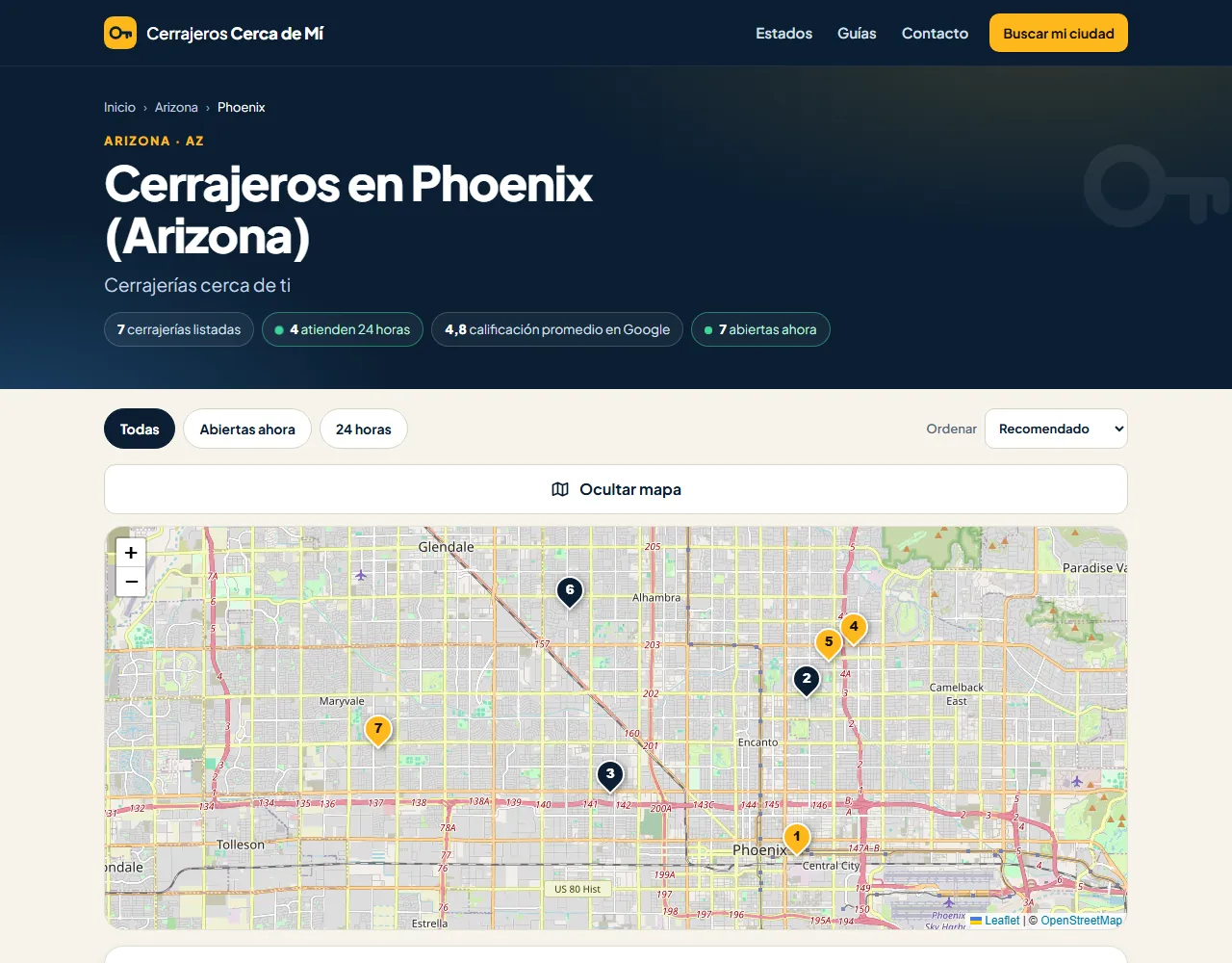 Página de cerrajeros en Phoenix con filtros y el mapa de la zona con los negocios numerados