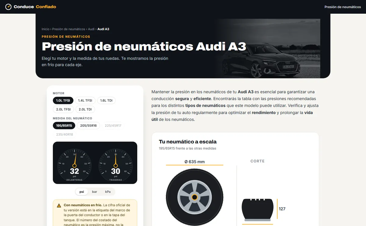 Ficha del Audi A3 en Conduce Confiado: fondo oscuro y manómetros