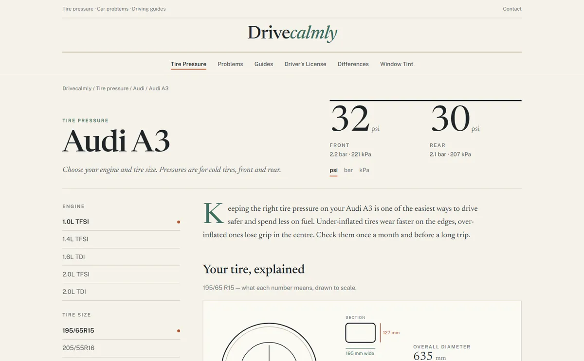 Ficha del Audi A3 en Drivecalmly: papel claro y tipografía serif